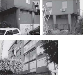 Fotos del edificio de viviendas diseñado por Vittoria Calzolari: se destacan los muros que han cerrado tanto las logias como los pórticos de la planta baja.